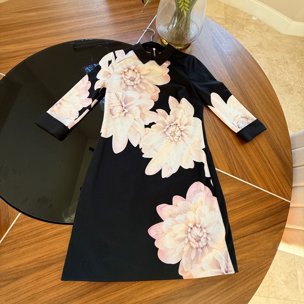 SOLD. Ted Baker Black Dress with Pink Floral Design - Picture 4 of 8